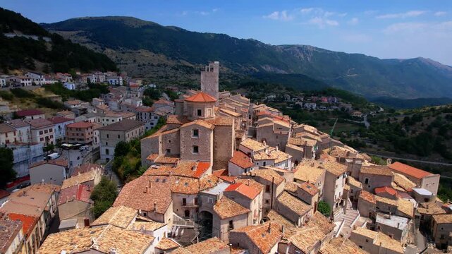 Abruzzo tourism, Italy . The most beautiful italian villages (borgo) Castel del Monte - Located in Gran Sasso mountain range. aerial drone 4k hd footage 
