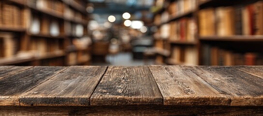 Wooden table top in front of a blurred library