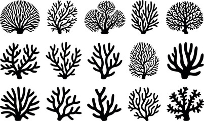 Collection of stylized black silhouette tree and branch illustrations on white background for design