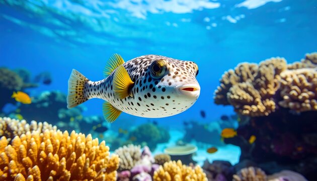 Underwater pufferfish amidst coral reef