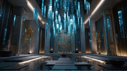 A recessed holographic alcove with floating digital wind chimes that emit light pulses instead of sound, serene futuristic decor, 8K ultra-detailed