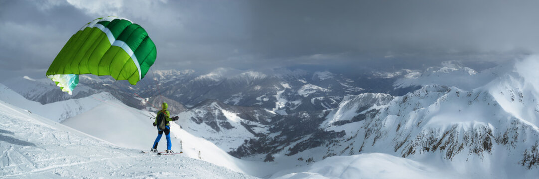 Snowy Kite Skiing Adventure Wide Banner with Copy Space