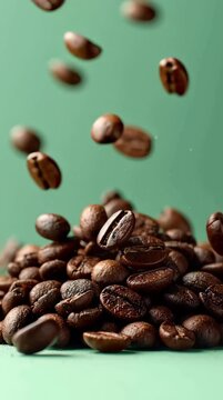 coffee beans falling on top of each other isolated on a light green background