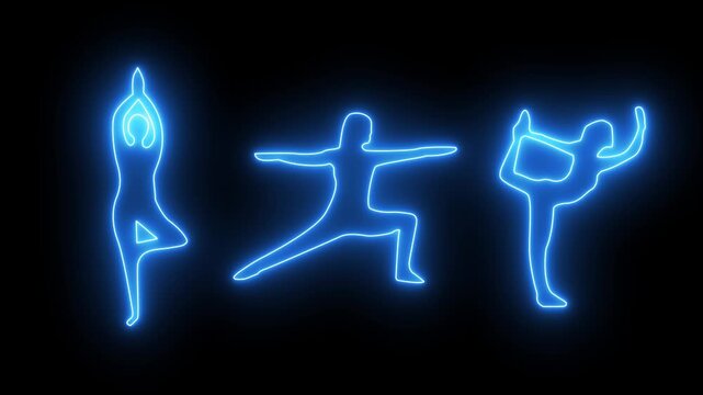 Glowing Neon glowing sign of yoga exercises. Neon glowing sign of yoga exercices club with black background. Women practice meditation and stretching. Healthy lifestyle concept