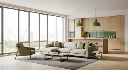 Modern apartment living room design with open kitchen showcasing natural wood and green accents perfect for real estate listings and interior design magazines