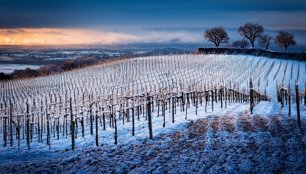 winter in the vineyard with snow blankets dormant vines and ambient light - Powered by Adobe