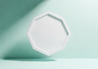 Minimalist white octagon frame floats against soft teal backdrop with natural light shadows
