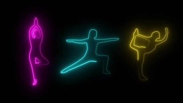 Glowing Neon glowing sign of yoga exercises. Neon glowing sign of yoga exercices club with black background. Women practice meditation and stretching. Healthy lifestyle concept