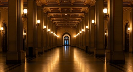 Grand Hallway with Warm Lighting  Architectural Interior Photography for Elegant Spaces and Event Venues Detailed Perspective