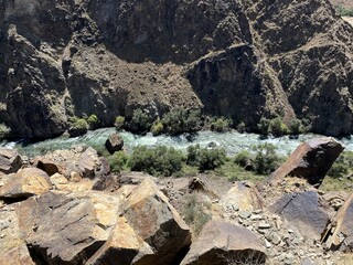 The Charyn River among trees in a canyon. Huge stones and rocks in the foreground