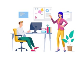 a woman talking to a man at a desk