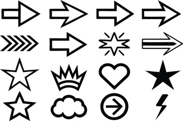 Set of various abstract black shapes with arrows stars heart cloud and lightning for graphic design projects and creative presentations
