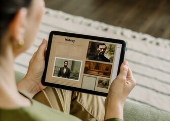 a woman holding a tablet with a magazine on it