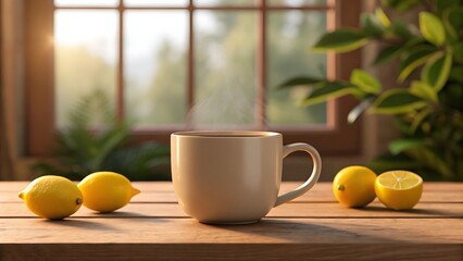 Morning Refreshment Hot Cup of Tea with Fresh Lemons on a Wooden Table by a Window with Natural Light