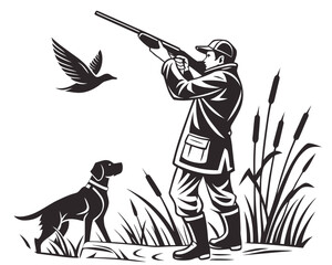 Naklejka premium Hunter Aims Shotgun At Flying Bird With Dog And Reeds In Field hunting