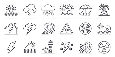 Obraz premium Natural Disaster and Weather Icons Including Sun Rain Storms and Waves climate
