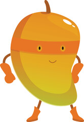 Cartoon illustration of a smiling mango wearing superhero mask and boots, promoting healthy eating habits and fun for children