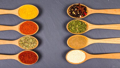 Aromatic Spice Collection in Wooden Spoons on Slate