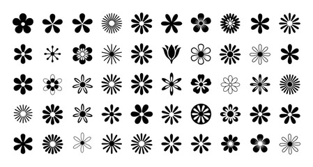Collection of 40 Black Flower Icons and Symbols on White Background floral bloom
