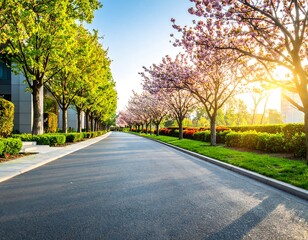 Naklejka premium Spring road lined with trees and blossoms