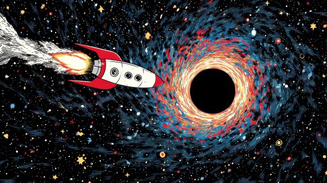 Rocket Flying Past Black Hole in Space Illustration Retro Style Sci-Fi Exploration Adventure Cosmology