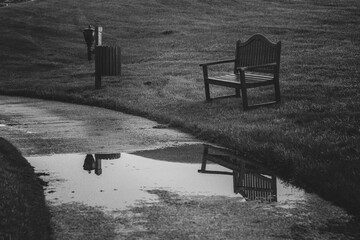 Empty bench and a lamppost are reflecting in a puddle on a path in a deserted park after the rain, creating a melancholic and peaceful atmosphere