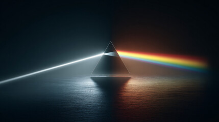 Single beam of white light hitting prism, left path shows light dimming and disappearing, right path shows light splitting into brilliant spectrum