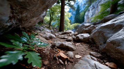 Fototapeta premium A rocky pathway leads to a vibrant forest landscape, showcasing diverse green foliage and sunlight filtering through, inviting exploration and connection with nature's beauty.