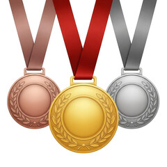 Three olympic medals gold silver bronze with ribbons isolated on black for award ceremony celebration transparent background