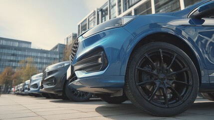 Fototapeta premium A row of stylish automobiles parked in an urban setting, showcasing modern design and sleek features.