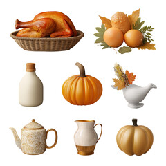 Thanksgiving Feast Roasted Turkey Pumpkins and Festive Tableware