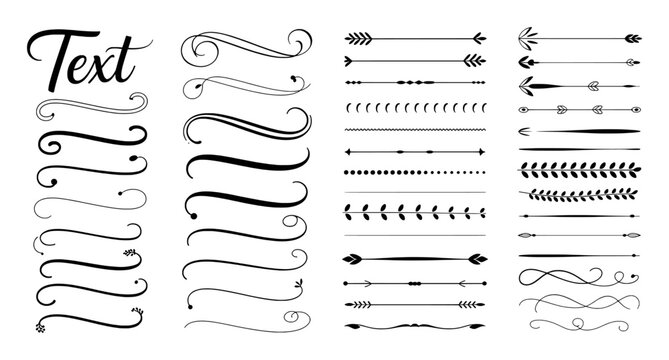Collection of Black Text Dividers Swirls Arrows and Leaf Borders on White separator underline