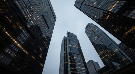 Fototapeta premium Modern Cityscape Skyscraper View Upward Perspective Architecture Downtown Buildings Urban Landscape HighRise Office Towers Night Scene