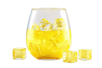Yellow drink in a glass with ice cubes