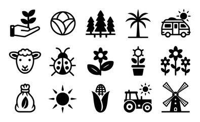 Diverse Set of Black and White Icons Depicting Farming Nature and Rural Life Elements agriculture