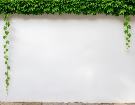 Pared blanca cubierta parcialmente con enredadera verde, hojas frescas