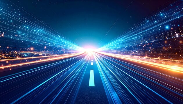 3D Rendering of highway in city. High speed motion blur. Concept of leading in business, Hi tech products background, artificial intelligence, hyper loop, virtual reality, high speed network.