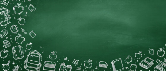 Chalkboard with school themed doodles including books, apples, and backpacks, creating educational and creative atmosphere