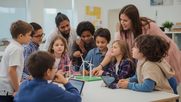 "Teacher Guiding Students in Renewable Energy Science Project with Wind Turbine Models"