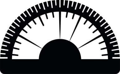 A black and white illustration of a protractor with degree markings and radial lines extending from center