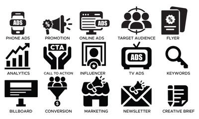 Marketing and advertising icon set vector design, business promotion icons symbols, branding communication icons, digital marketing strategy icons