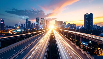 Fototapeta premium 3D Rendering of highway in city. High speed motion blur. Concept of leading in business, Hi tech products background, artificial intelligence, hyper loop, virtual reality, high speed network.