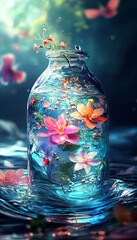 Enchanted Nature in a Bottle – Magical Fantasy Landscape Captured in Glass. water bottle image manipulation