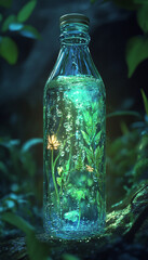 Enchanted Nature in a Bottle – Magical Fantasy Landscape Captured in Glass. water bottle image manipulation