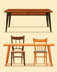 Illustration of two tables and chairs in a dining room setting, cartoon style, interior design concept, furniture arrangement