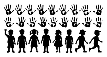 Silhouettes of children and handprints in rows on a white background kids fingerprint