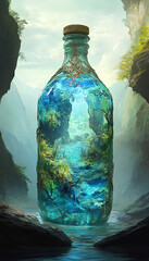 Enchanted Nature in a Bottle – Magical Fantasy Landscape Captured in Glass. water bottle image manipulation