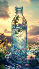 Enchanted Nature in a Bottle – Magical Fantasy Landscape Captured in Glass. water bottle image manipulation