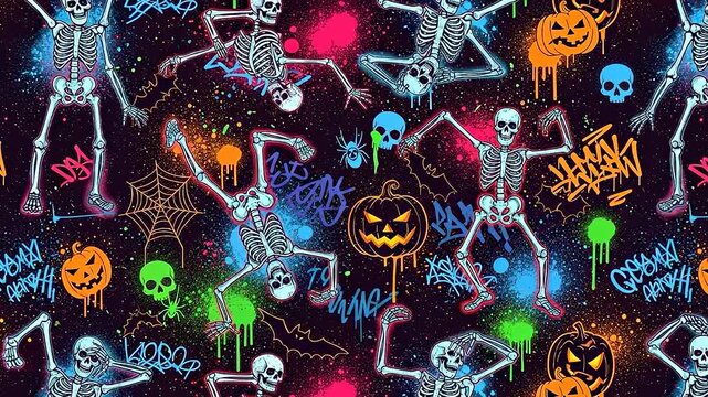 Vibrant Halloween scene with dancing skeletons, pumpkins, and graffiti art on a dark background.