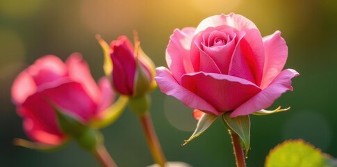 Close-up of vibrant pink rosebuds unfurling in soft sunlight , rosebuds, botanical, beautiful